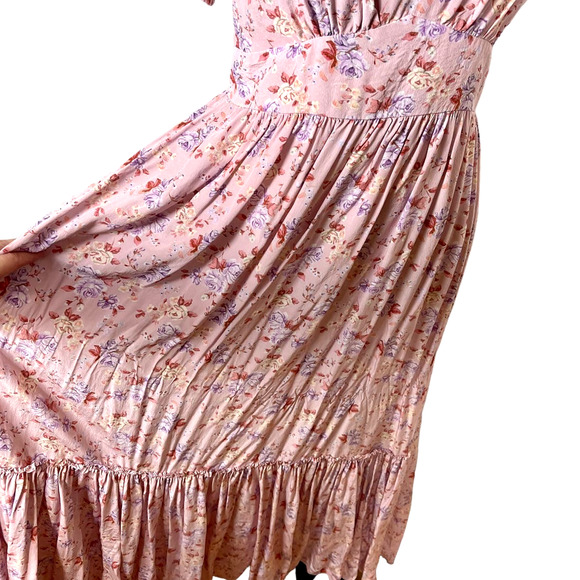 NEW! LoveShackFancy 6 Angie SILK Midi Dress Milkmaid Puff Shoulder Floral Pink - Picture 8 of 15